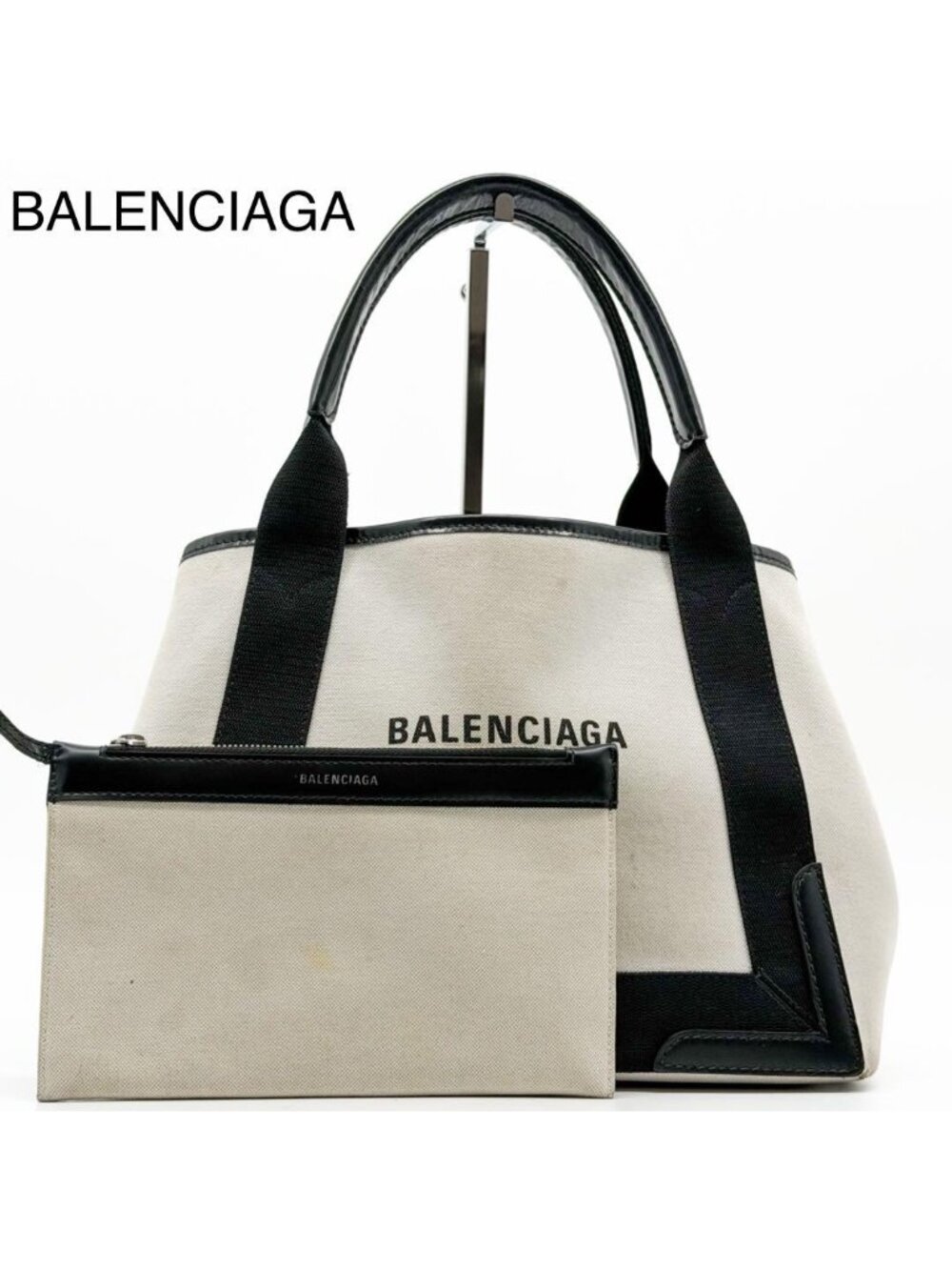 Balenciaga Navy Cabas M Tote Bag Canvas Leather Ivory